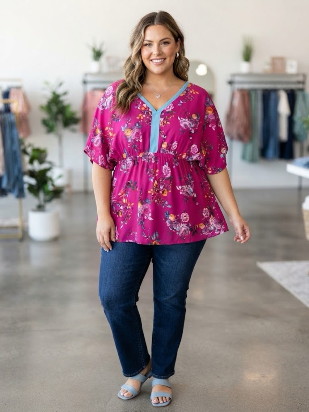 The Pioneer Woman Magenta Floral V-Neck Peplum Tunic with Teal Trim